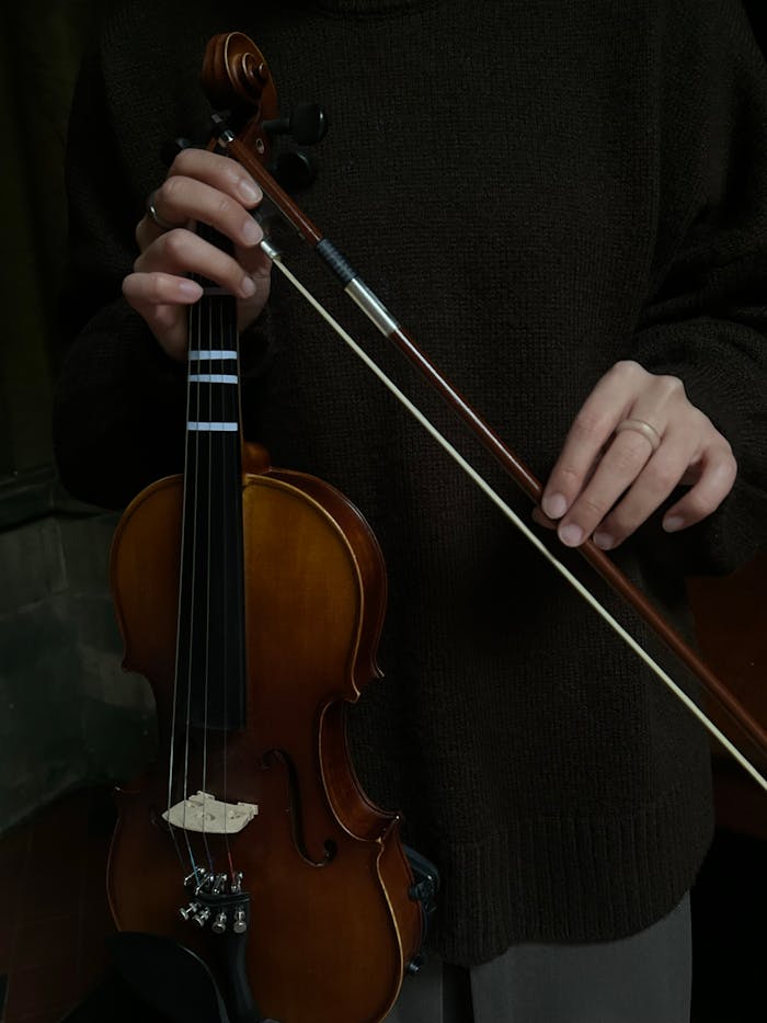 Close-up of a musician's hands holding a violin and bow, conveying a classic musical theme.