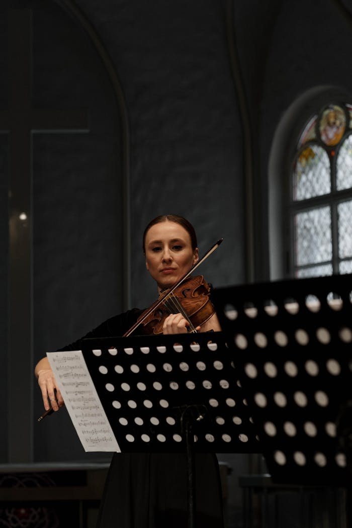 Home Female violinist performing in a classical indoor setting with music sheets.